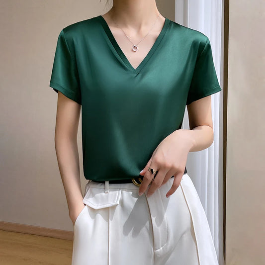 Elegant Women's Satin Silk V-Neck Short Sleeve Blouse
