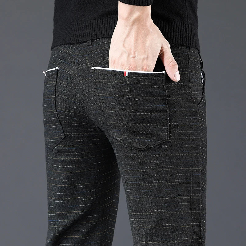 Men's Slim Fit Brushed Cotton-Linen Straight Plaid Trousers
