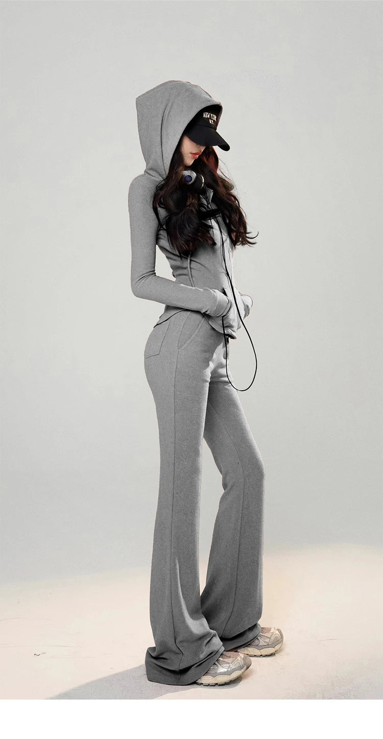 Women's Hooded Zipper Jacket and Drawstring Wide Leg Pants Two-Piece Tracksuit Set