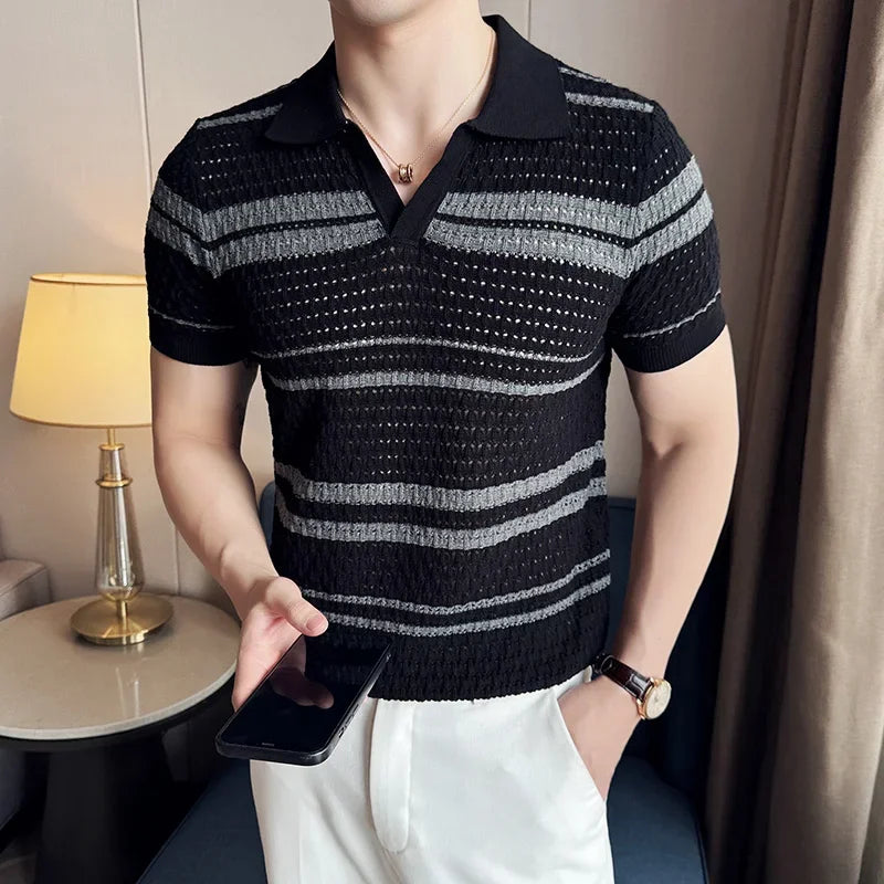 Men's Thin Striped Knitted V-Neck T-Shirt – Stylish Breathable Men's Knit Top