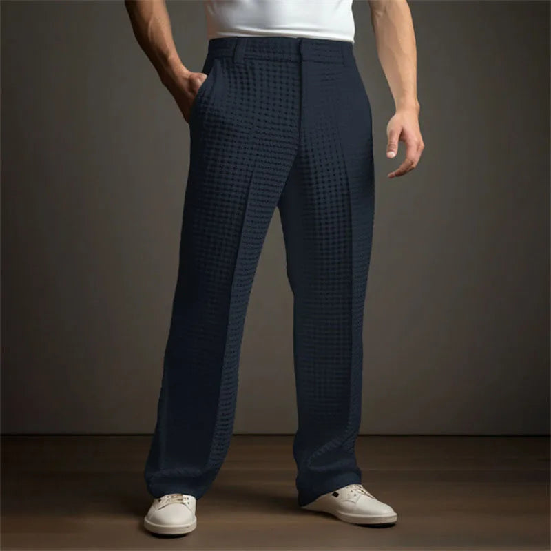 Men's Mid-Waist Twill Straight Leg Pants with Pockets - Casual Long