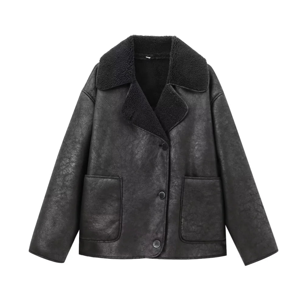 Women's Cozy Faux Leather Jacket with Fleece Collar