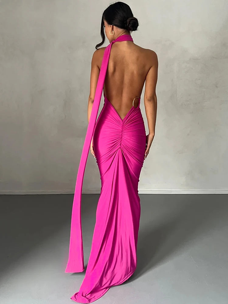 Hugcitar Adjustable Backless Ruched Dress with Single Shoulder and Scarf Loop for Women