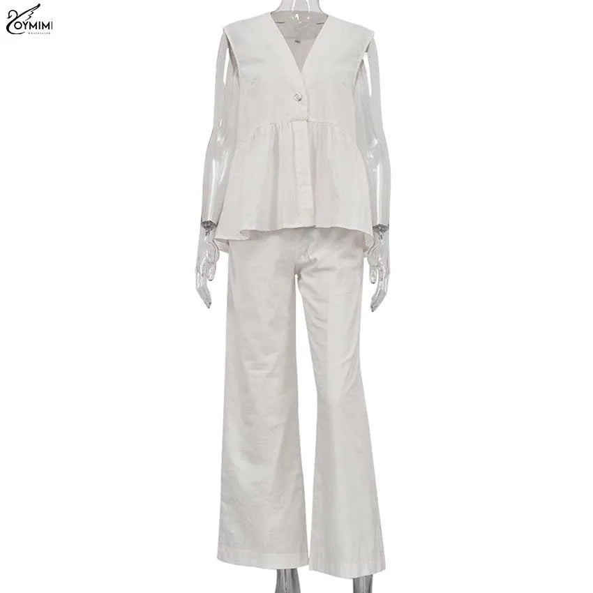 Women's 2-Piece Blue Cotton Linen Set: V-Neck Backless Halter Lace-Up Vest and Straight Pants