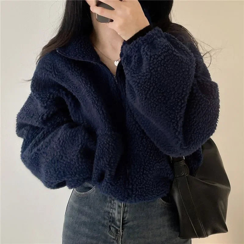 Women's Plush Faux Wool Jacket - Thick Warm Zip-up with Stand Collar