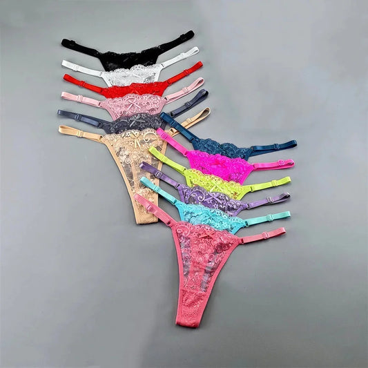 13PCS Women's Adjustable Waist Jacquard Lace G-String Panties - Low-Rise