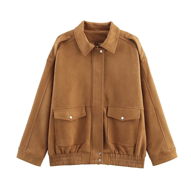 Stylish Women's Faux Suede Bomber Jackets with Zipper