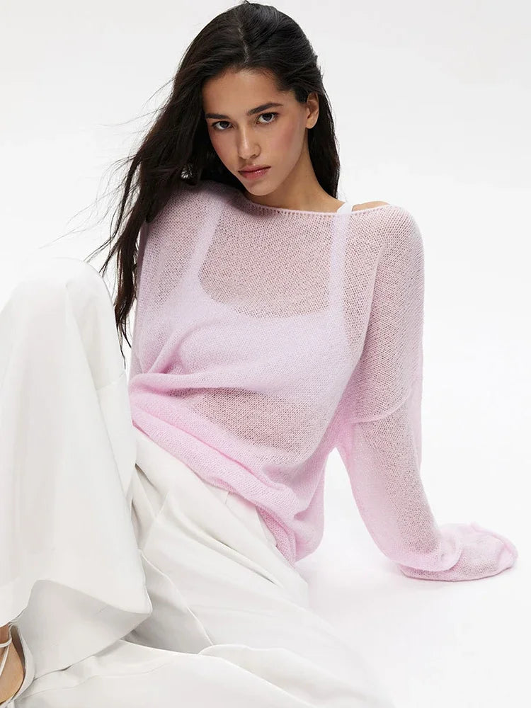 Women's See-Through Hollow Knit Sweater - Stylish & Breathable Knitwear