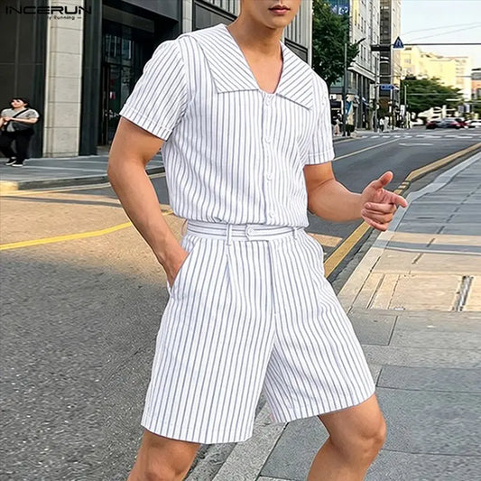 Incerun Men's Two-Piece Striped Short Sleeve Shirt and Shorts Set