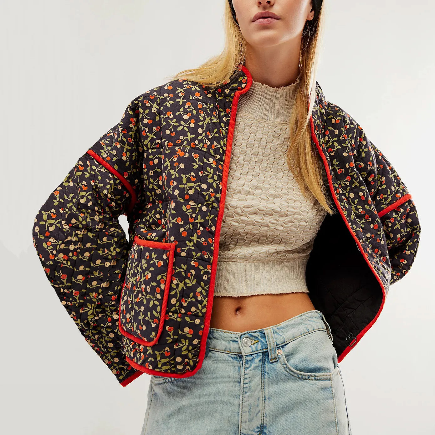 Women's Floral Print Lightweight Padded Quilted Cardigan Jacket