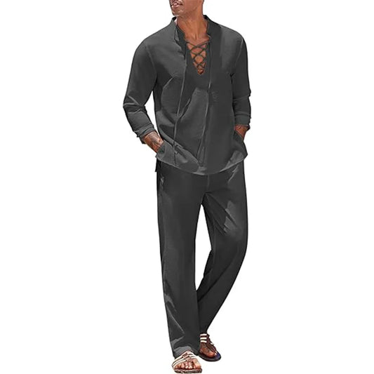 Two Piece Men's Cotton Linen Shirt and Pants Set