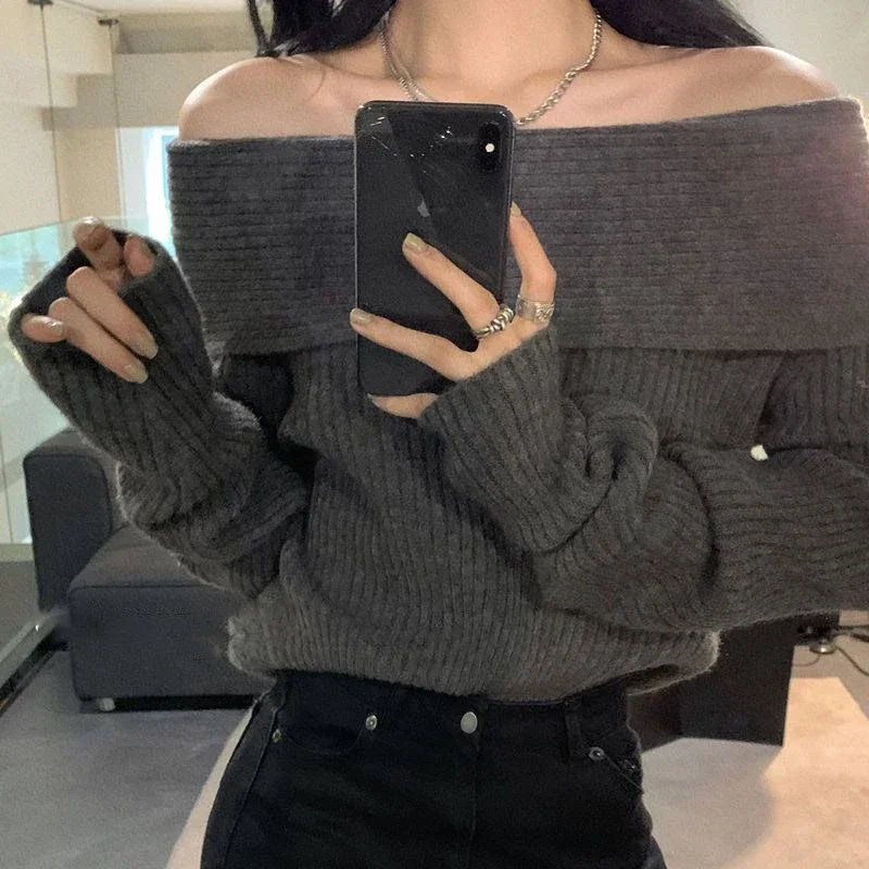 Women's Slash Neck Knitted Sweater - Off-Shoulder Long Sleeve, Thick & Slim Fit Pullover