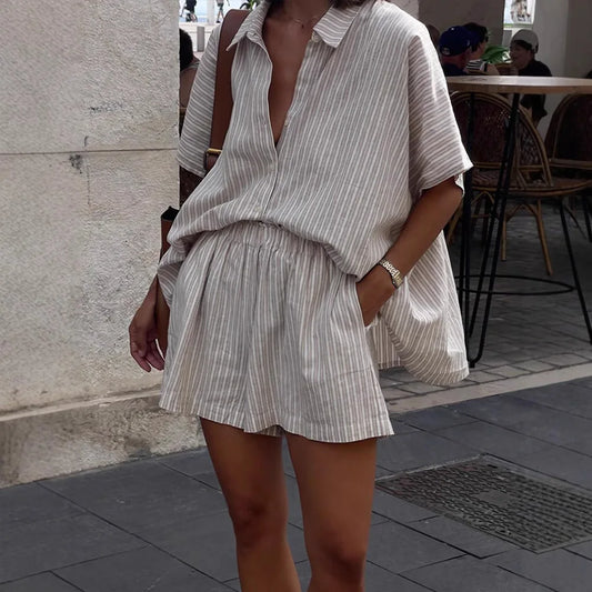 Women's Casual Two-Piece Set: Striped Short-Sleeved Shirt and Shorts, Loose Fit
