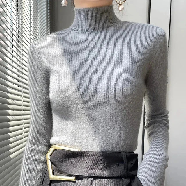 Ribbed Neck Sweater for Women - Fitted Knitted Pullovers