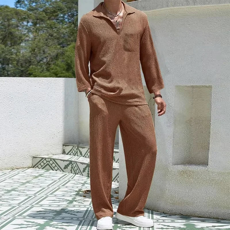Men's Casual Cotton 2-Piece Set: Stylish Shirts and Pants Combo