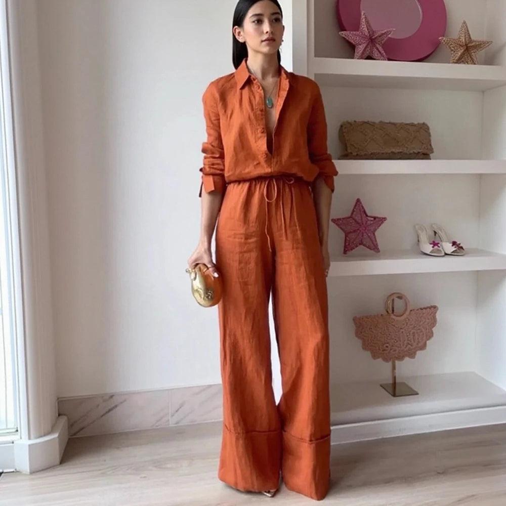 Women's 2-Piece Cotton Linen Drawstring Pants and Lapel Long Sleeve Shirt Set