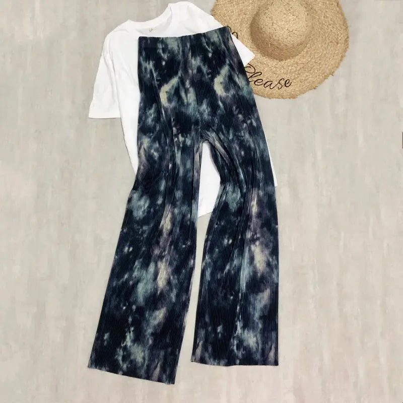 REALEFT Vintage High-Waist Printed Long Pants - Loose Wide Leg Fit- Loose Wide Leg Fit