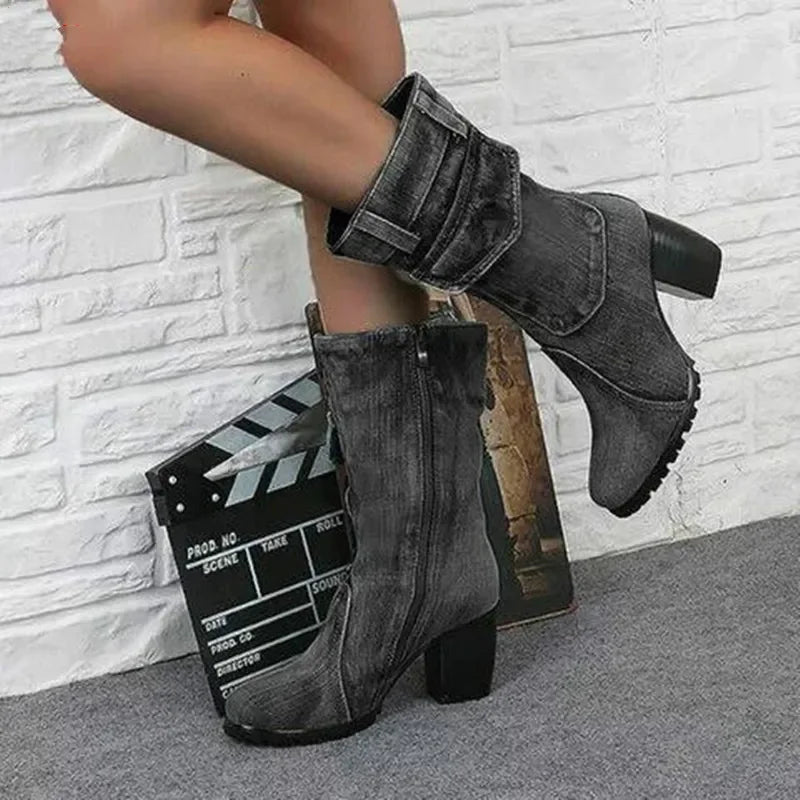 Women's Pointed Denim-Style High Heel Boots