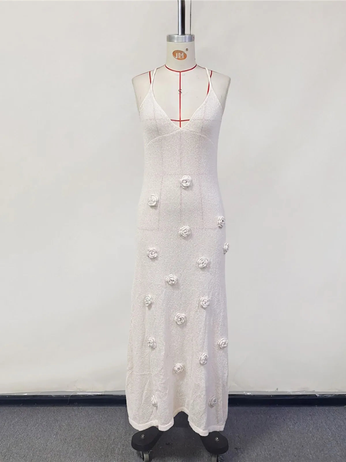 Women's Elegant 3D Flower Knitted Maxi Dress with Lace-Up Design