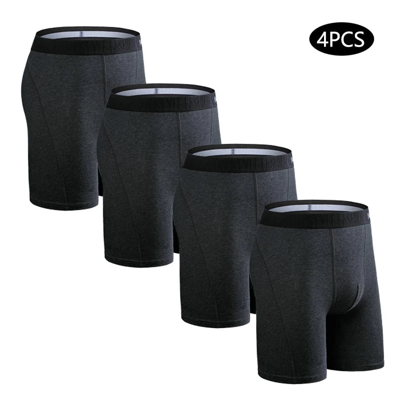 Men's Cotton Long Boxers – Set of 4 Trunks, Comfortable & Breathable Underwear
