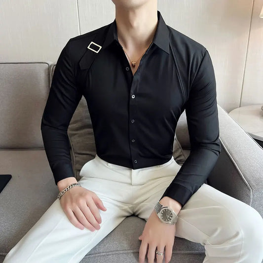 Strap-Detail Long Sleeve Slim Fit Casual Shirt For Men