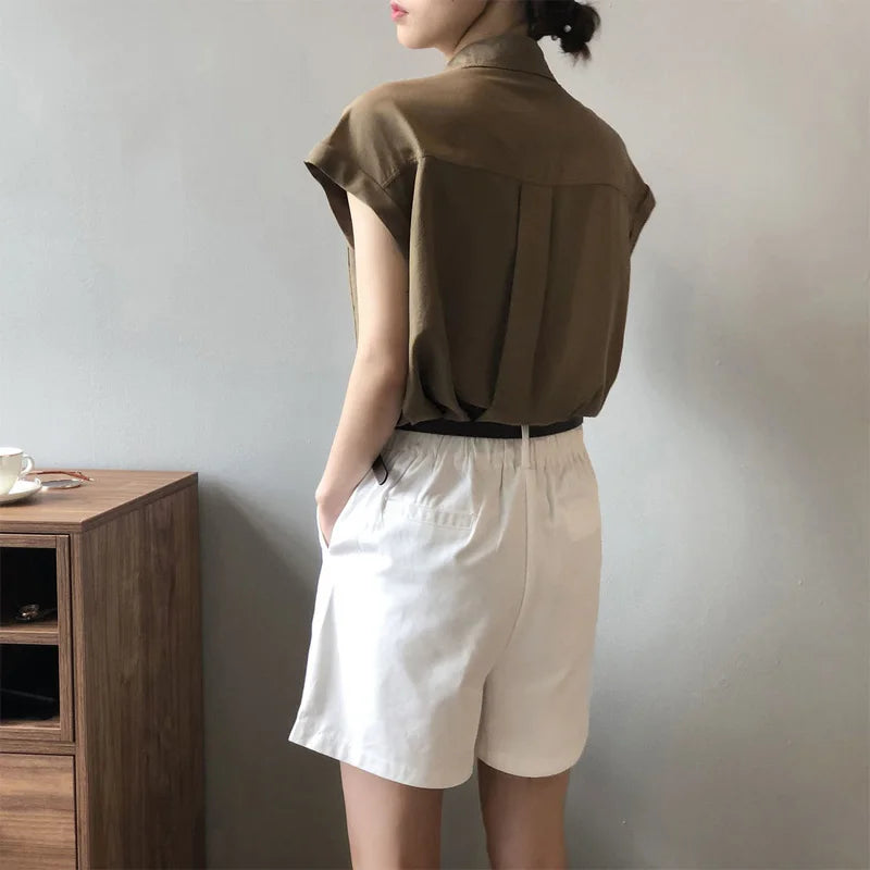Women's Loose-Fitting Short Sleeve Shirt Blouse with Thin Style Lapel and Pocket