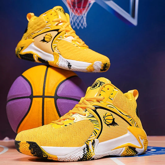Yellow basketball shoes with black and white details on a basketball court background