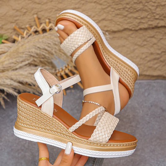 Women's Braided Wedge Sandals - Lightweight Platform Shoes with Buckle Strap