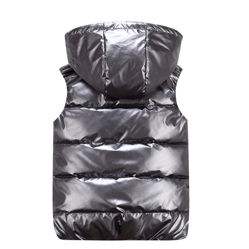 Men's Glossy Hooded Vest Jacket with Zipper Pockets - Classic Fit