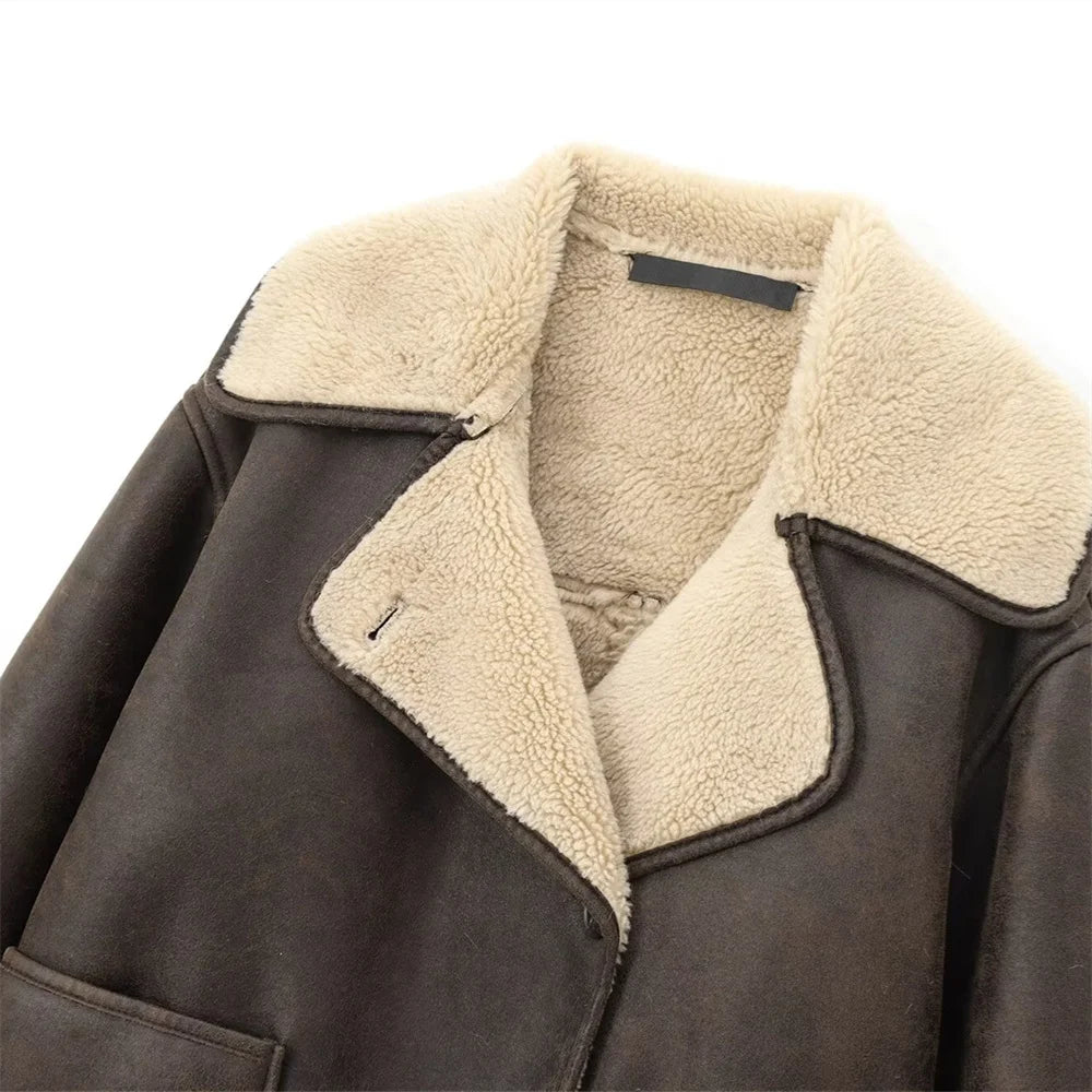 Women's Cozy Faux Leather Jacket with Fleece Collar