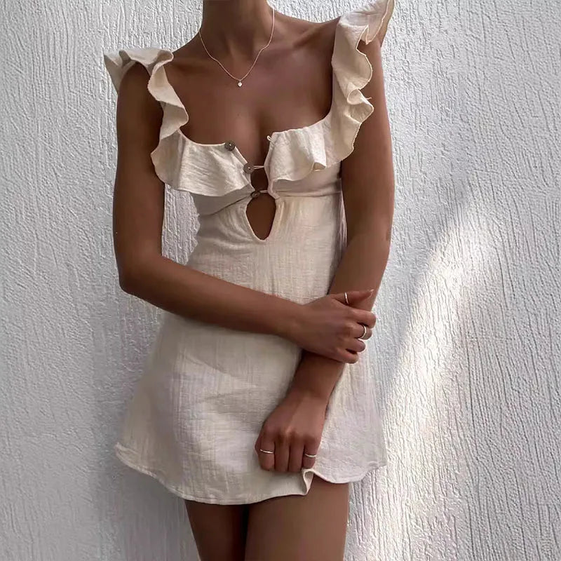 Women's V-Neck Sleeveless Mini Dress with Hollow Out Button Ruffles