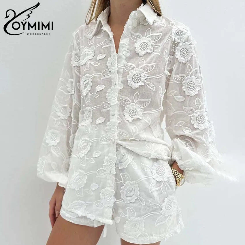 Women's White Cotton 2-Piece Set: Button Sleeve Shirt & High-Waist Shorts