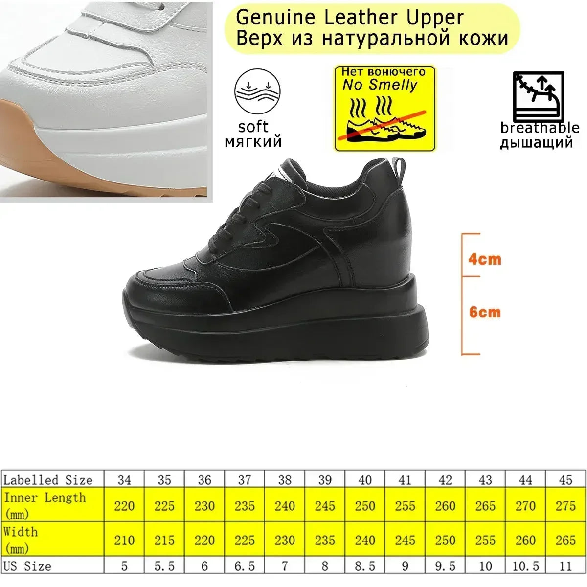 10cm Platform Wedge Sneakers for Women – Chunky Genuine Leather Casual Shoes