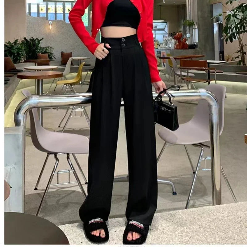 Womens High-Waisted Versatile Draped Loose Straight Pants