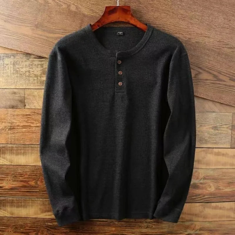 Slim Fit Men's Henley Long Sleeve Shirt – Breathable Cotton, Half Button Design
