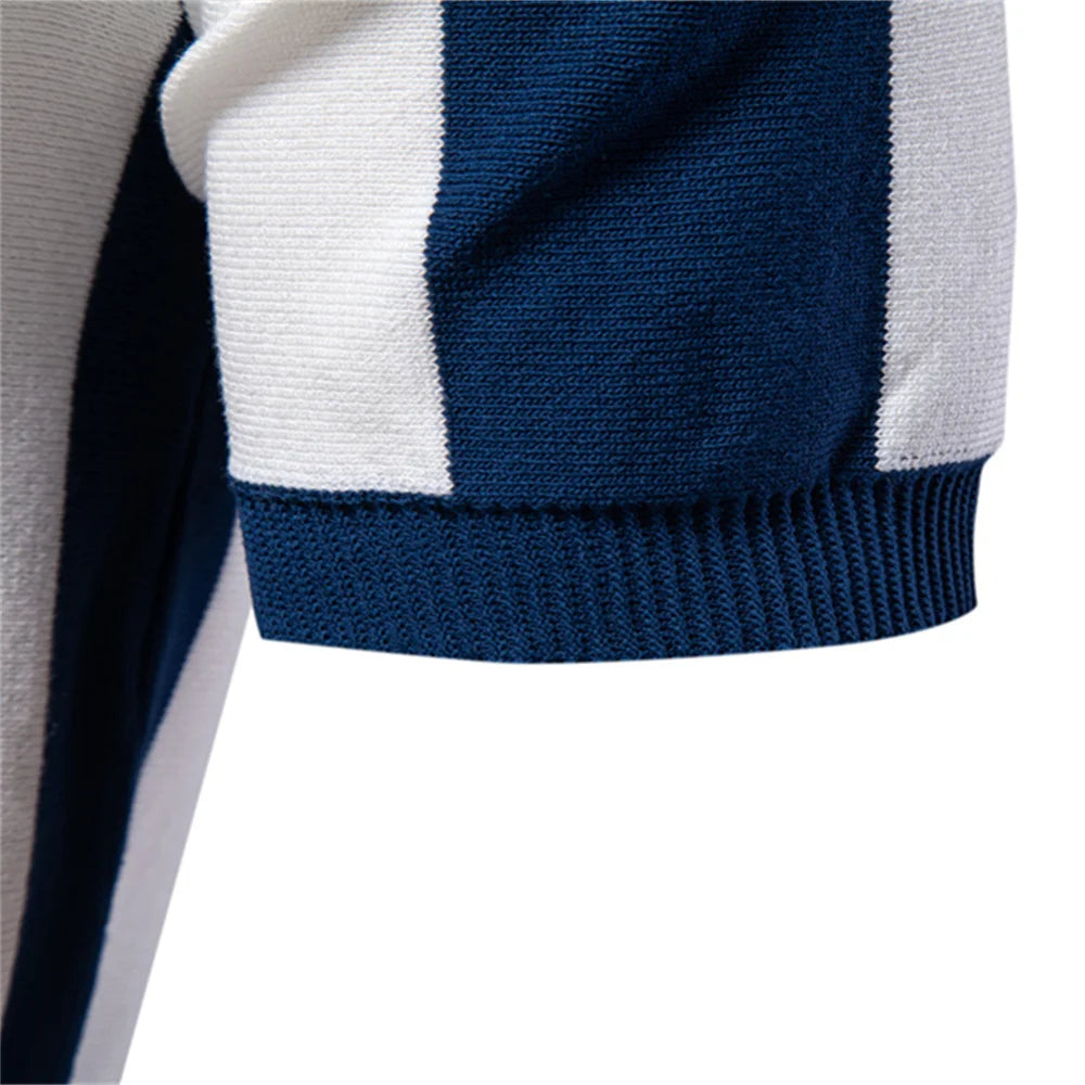 Men's Breathable Striped Polo Shirt - Casual Knit T-Shirt with Zipper Closure