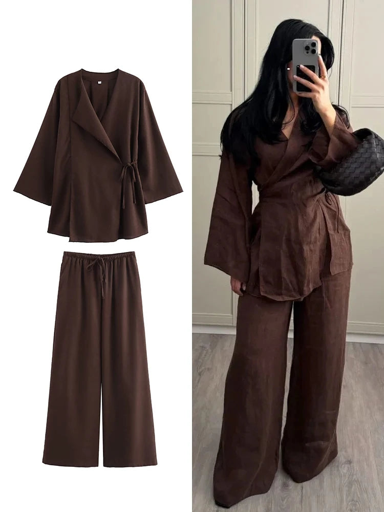 Linen Women's 2-Piece Set: Kimono Style Loose Lace-Up Shirt and Wide Leg Pants