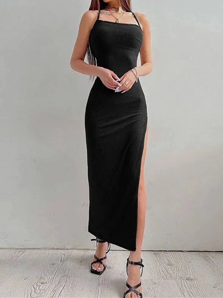 Women’s Halter Neck Bodycon Dress with Spaghetti Straps - Backless Design & High Split