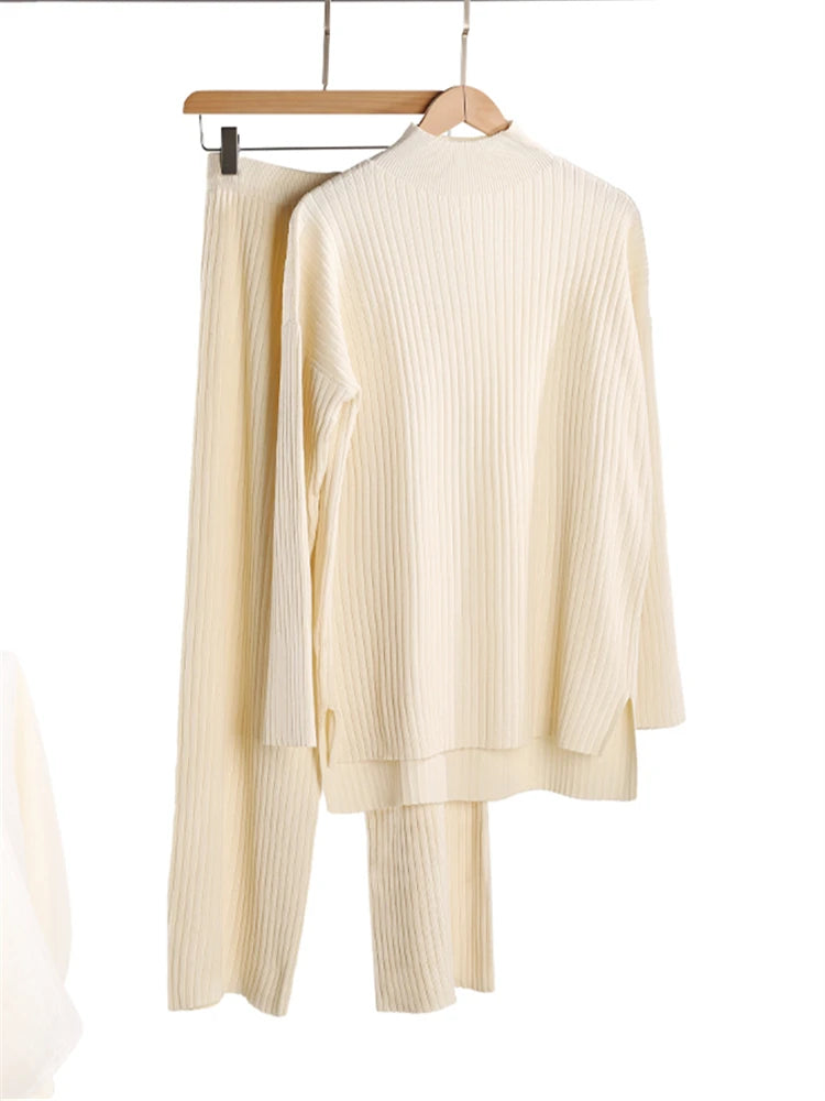 Women's Knitted Turtleneck Sweater and Straight Pants Set