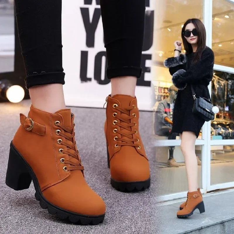 Strappy Short High Heeled Lace Up Boots for Women