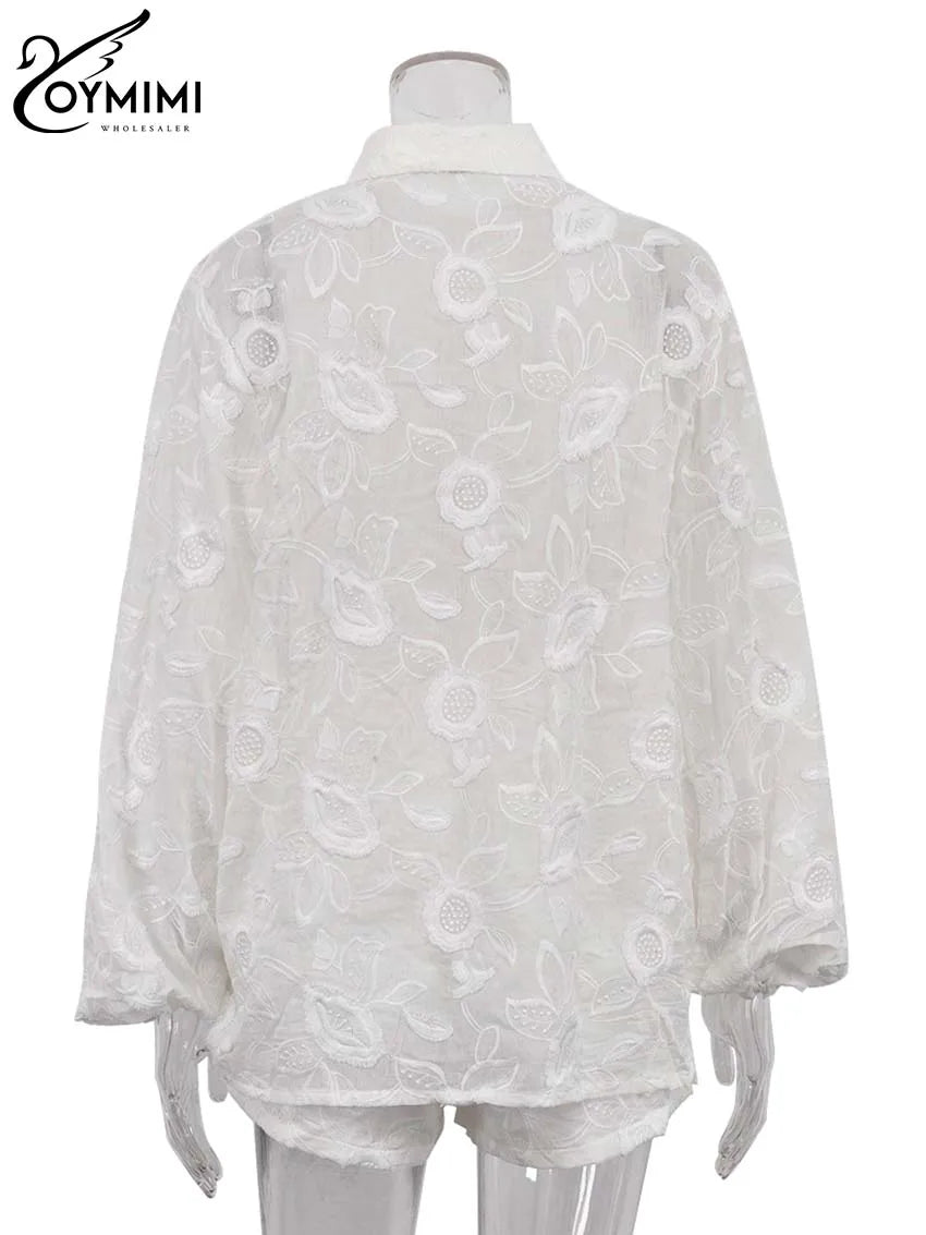 Women's White Cotton 2-Piece Set: Button Sleeve Shirt & High-Waist Shorts