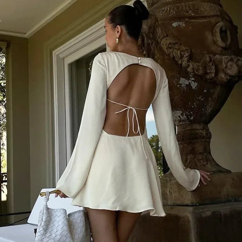 Women's Backless Satin Dress - Lace-Up Long Sleeve