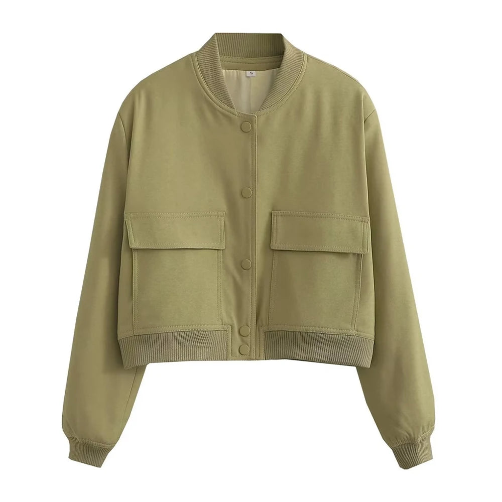 TRAF Long Sleeve Women's Front Button Jacket with Vintage Style and Pockets