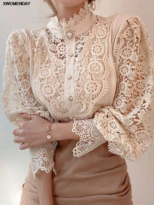 Elegant Women's Chiffon Turtleneck Blouse with Floral Lace Details