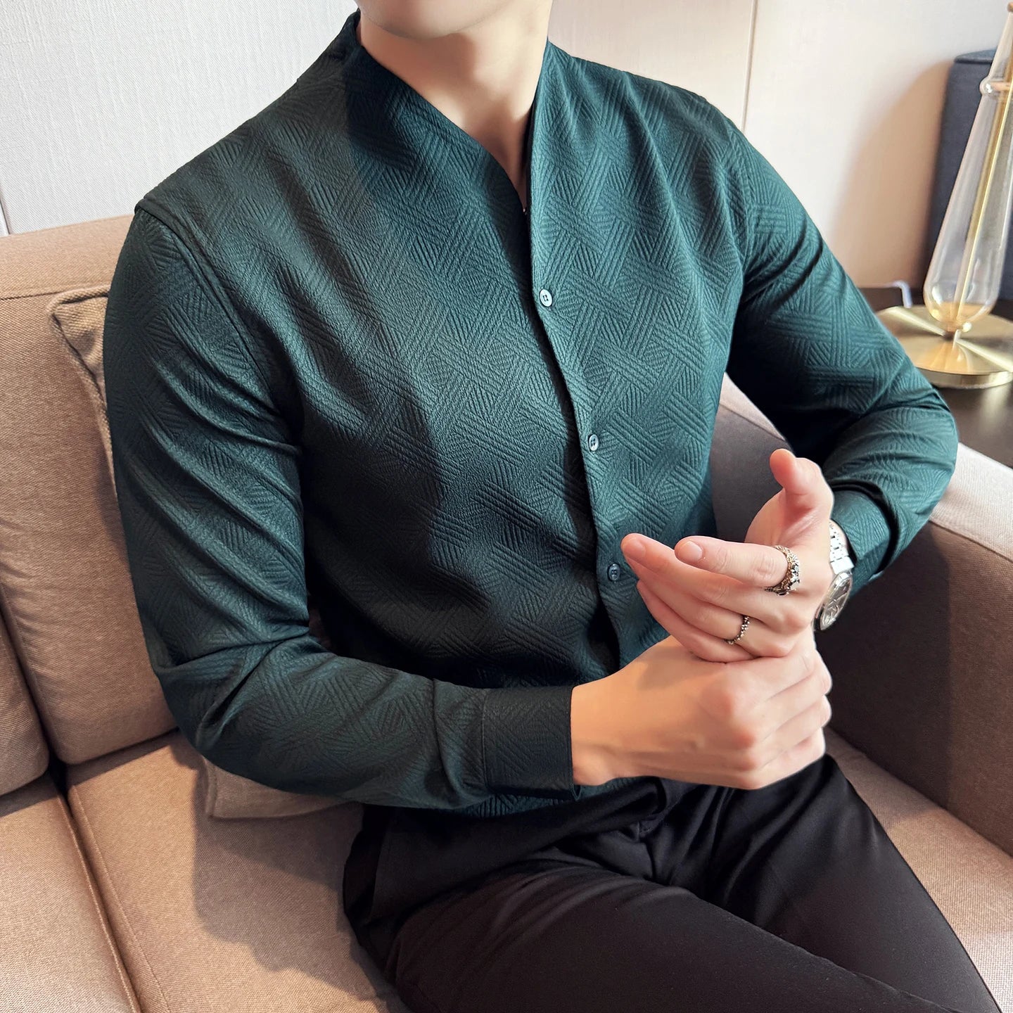 Men's V-Neck Long Sleeve Slim Fit Casual Shirt with Stand Collar