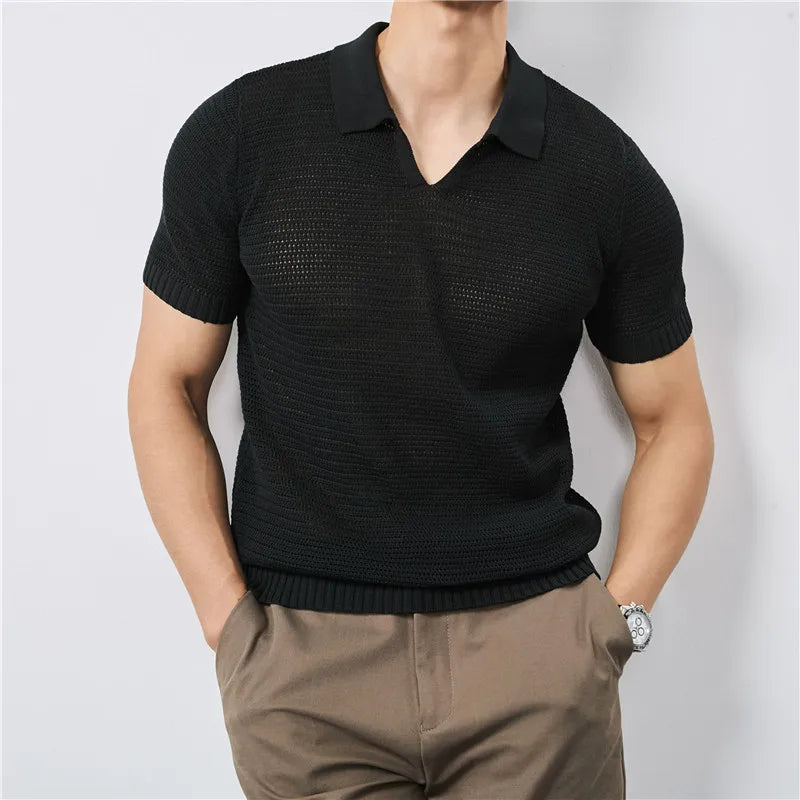 Men's Slim Fit Knitted Polo T-Shirt with V-Neck