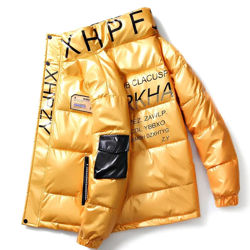 Men's Glossy Thickened Parka Jacket with Stand Collar