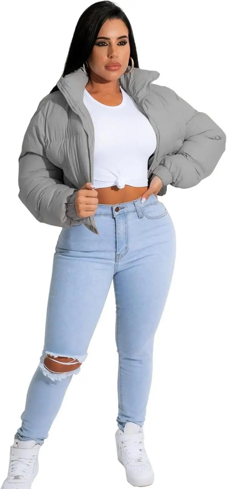 Women's Cropped Puffer Jacket - Casual Zip-Up Cotton Jacket with Padding