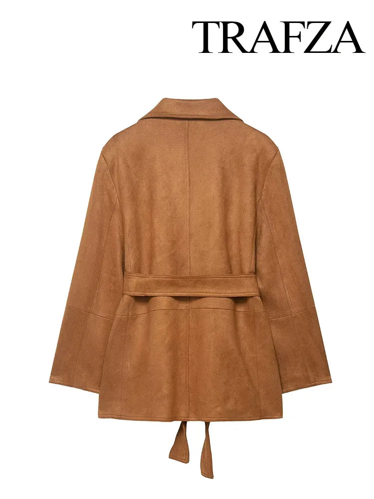 TRAFZA Women's Turn-Down Collar Belt Tie Jacket