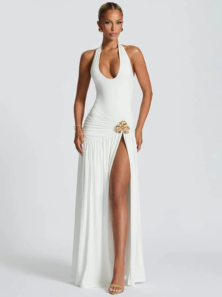 Elegant Two Piece Backless Maxi Dress for Women - Halter Neck, Ruched Design, Side Split Evening Gown